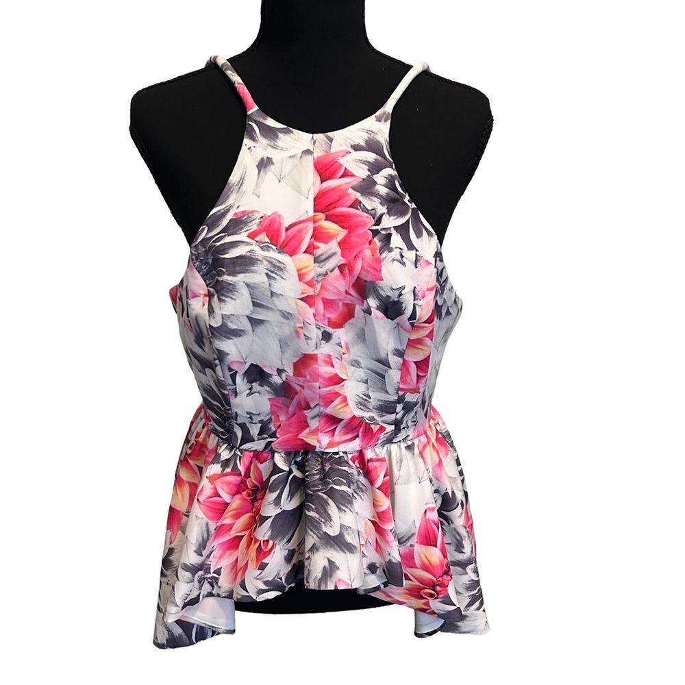 Angel Biba Romantic Ultra Feminine Pink White and Gray Floral Peplum Halter 12
